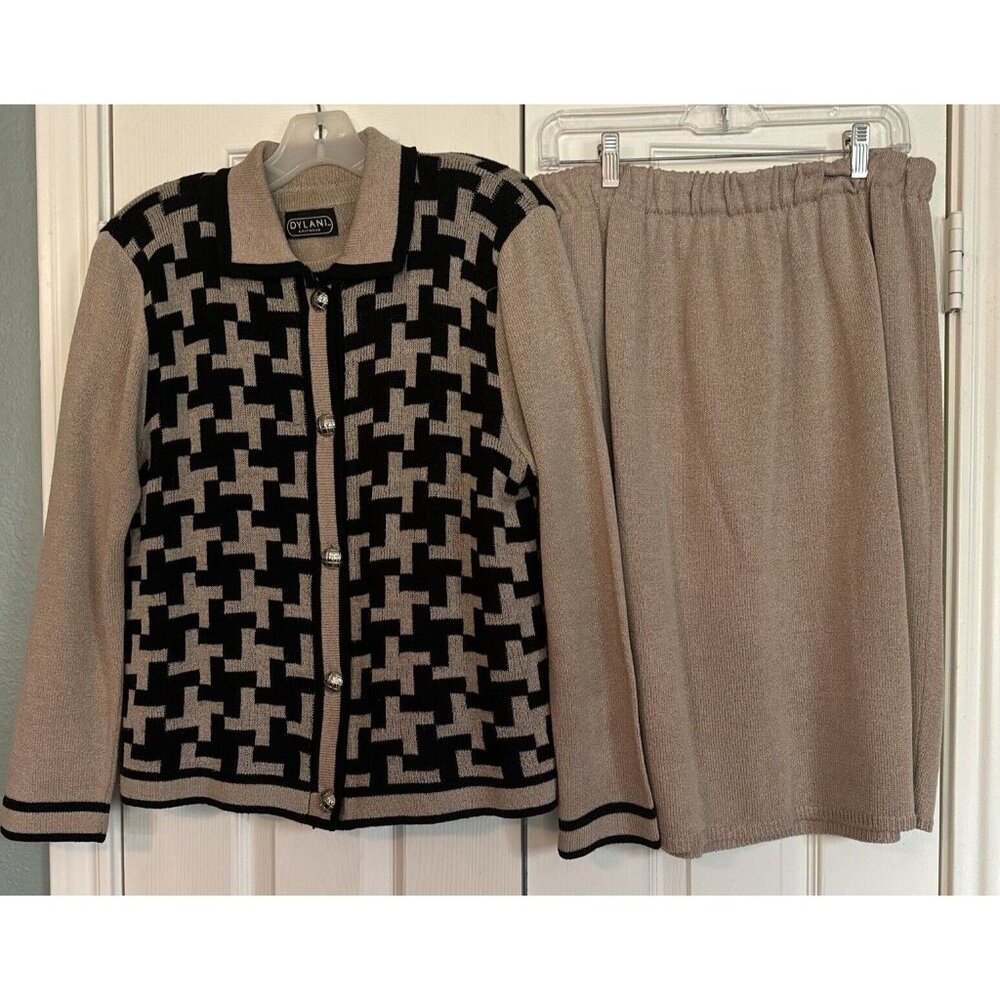 Dylani Tan Black Knit  3 Piece Suit Sz Large Skirt  Top Jacket Geometric Vintage